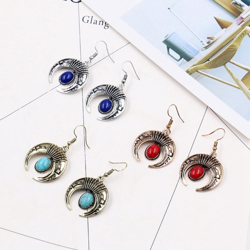 Boho Red Marble Crescent Horn Dangle Earrings - Picture 6 of 7